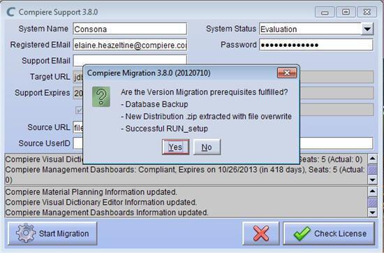 13) At the Compiere Version Migration Prompt, click Yes to proceed with the Migration.