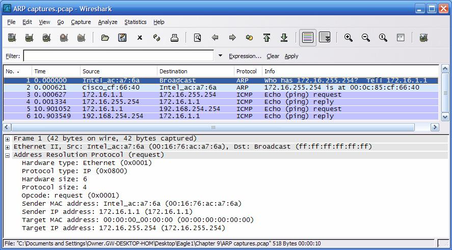 Figure 6. Wireshark Capture of ARP Communication 3. Stop Wireshark and evaluate the communication. You should see a Wireshark screen similar to the screen shown in Figure 6.