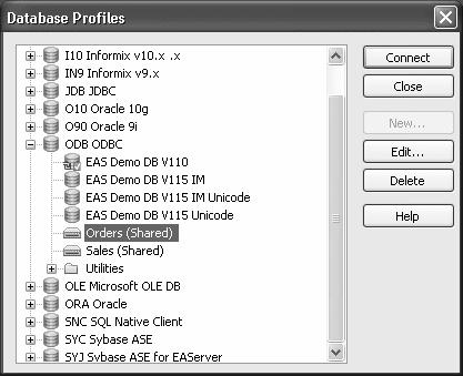 CHAPTER 12 Managing Database Connections Using shared database profiles to connect Database Profiles dialog box You select a shared database profile to connect to a database the same way you select a