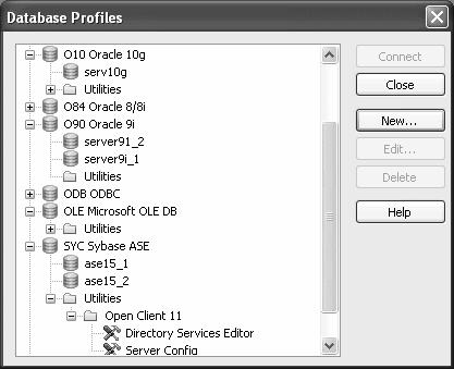 Using database profiles Database Profiles dialog box The Database Profiles dialog box uses an easy-to-navigate tree control format to display your installed database interfaces and defined database
