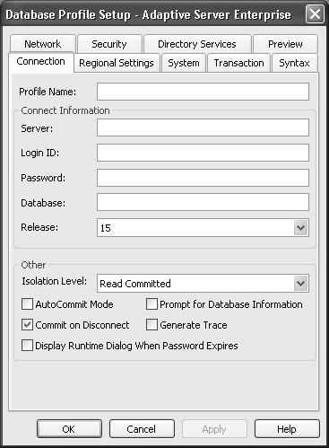 CHAPTER 1 Understanding Data Connections Database Profile Setup dialog box Each database interface has its own Database Profile Setup dialog box where you can set interface-specific connection