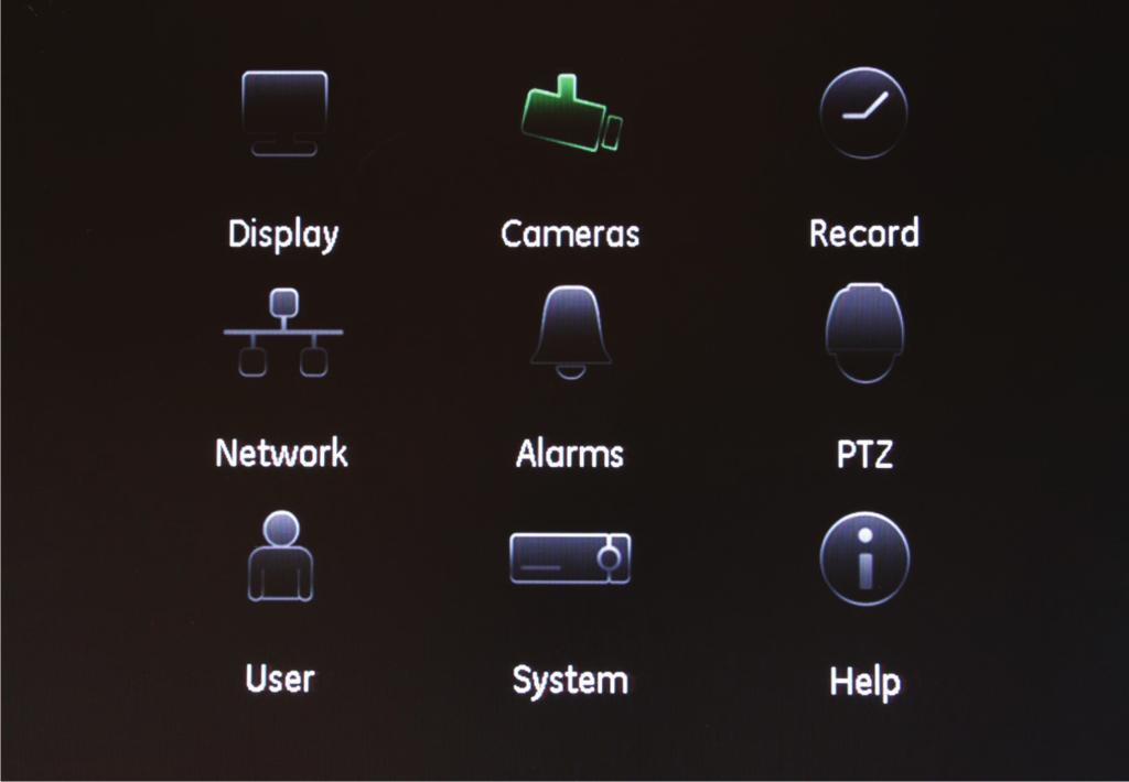Figure 6: Main menu Table 3: Main menu descriptions Main menu command icon Display Cameras Record Network Alarms PTZ User Systems Help Description Configures display settings including dwell time,