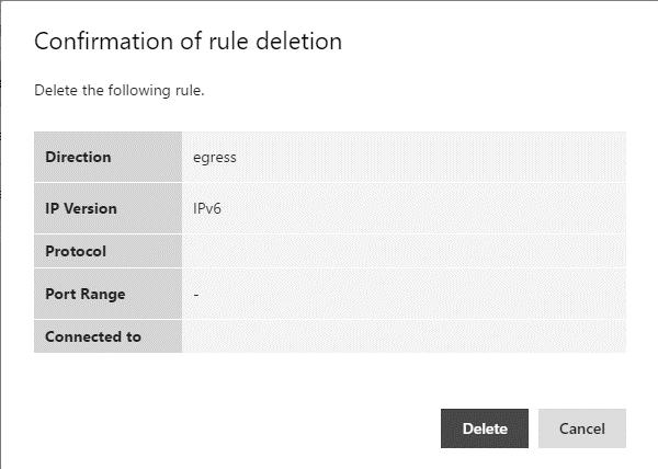 15.8 Deletion of Rules You can delete rules. 15.8.1 How to Delete Rules 1. Click Delete button of the rule to be deleted on the Manage Security Group Rules screen.