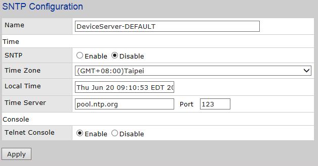 SNTP Configuration interface The following table describes the SNTP Configuration interface page. Label Description Name Sets the name of the Device Server.