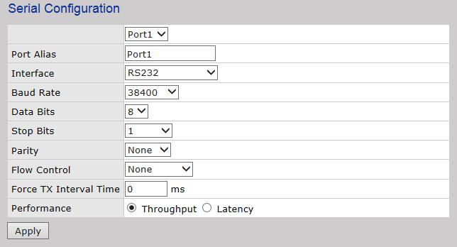 Serial Configuration interface The following table describes the Serial Configuration interface page. Label Description Port Select a port (1-4) to see the settings.