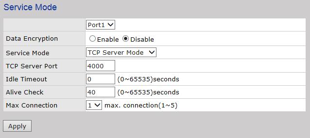 5.1.3.4 Service Mode TCP Server In TCP Server Mode, the Device Server is configured with a unique Port combination on a TCP/IP network.