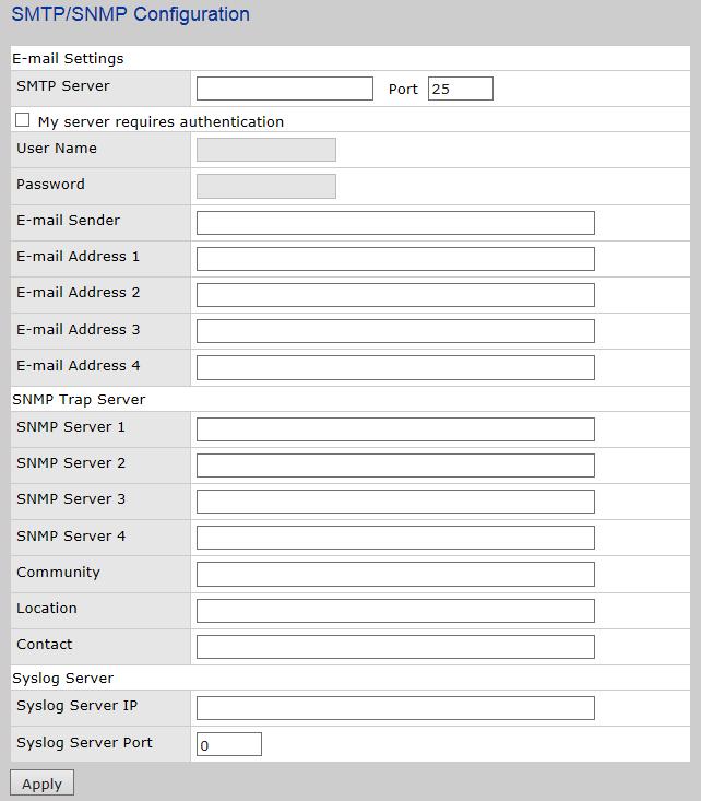 5.1.4.2 SMTP/SNMP Configuration With the SMTP/SNMP Configuration interface you can setup E-mail settings, SNMP Trap server and Syslog settings.