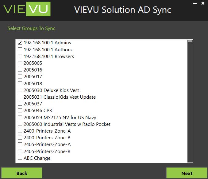 SYNCING For this example, Role is AD Group is selected, as in the previous window. When you run the sync operation, the program searches for an existing Role with the same name in VIEVU Solution.