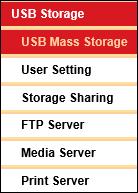 3.10 USB Storage There are six submenus under the USB Settings menu, USB Mass Storage, User Setting, Storage Sharing, FTP Server, Media Server and Print Server.