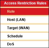 3.14 Access Restriction Rules There are four submenus under the IPv4 Access Restriction Rules menu: Rule, LAN Host, WAN Host, Schedule and DoS.