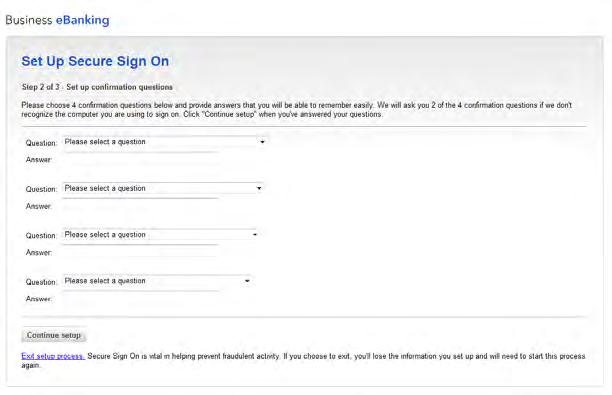 The Secure Sign On Confirmation Questions page is displayed.