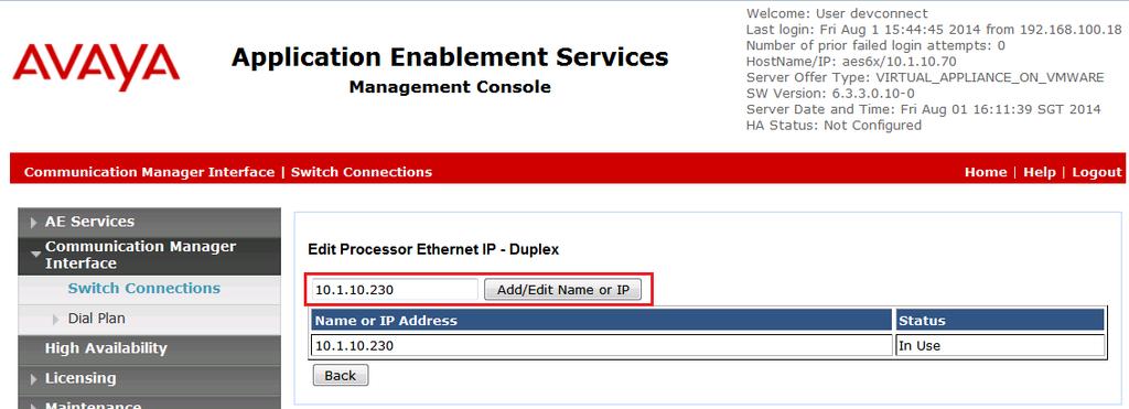 In the Edit Processor Ethernet IP Duplex screen, enter the host name or IP address of the PE/C-LAN used