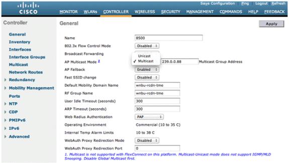 Multicast Multicast support is enabled in the Cisco 8500 Controller, and its operation is comparable to that of the Cisco 5500 Series Controllers, but with these restrictions: 1.