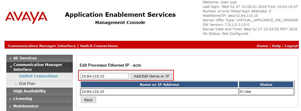Enter the IP address of Procr used for Application Enablement Services