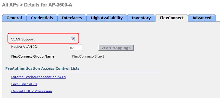 Configure FlexConnect VLAN Mapping Step 3: FlexConnect Specific Configuration FlexConnect AP can be connected on an access port or connected to a 802.