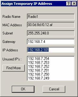 Click OK to accept the temporary IP address, subnet mask, and default