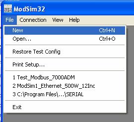D. Setting of the Modbus TCP Server device. Modsim32: Launch Modsim32.