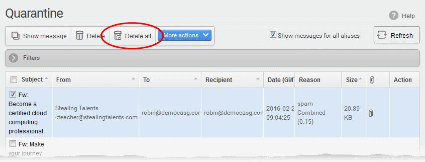 To delete all the quarantined mails click the 'Delete All' button. An alert will be displayed to confirm the deletion. Click 'OK' to delete all quarantined emails.
