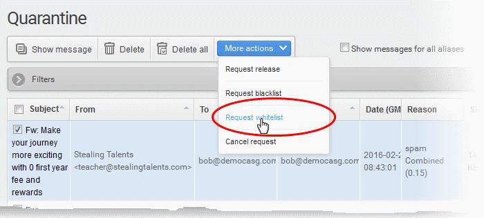 receive any mail from that sender. If the request is rejected, 'Blacklist this Sender' icon in the Action column will no be longer be displayed.