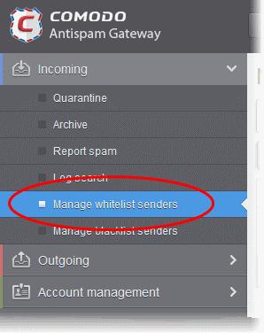 The 'Manage whitelist senders' interface will be displayed with a list of senders whitelisted for your mail account.