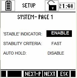 4.2 System Setup System setup sub-group allows you to configure general settings of the meter. The settings are displayed in 6 pages. Press NEXT-P (F2) and PREV-P (F1) to navigate through these pages.