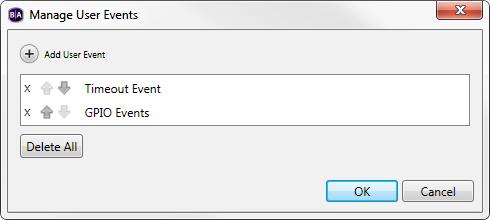 Click the User Events tab under Media Library. To create/edit User Defined Events, click Manage. The Manage User Events window will open.