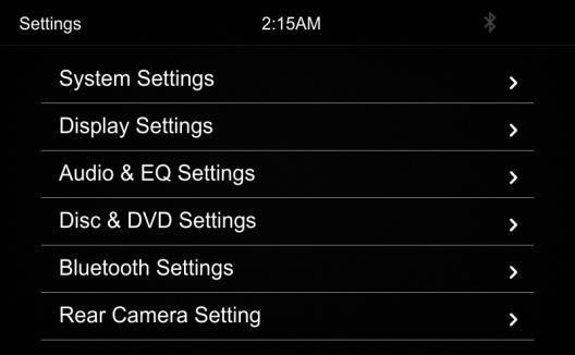 EQ Settings, Disc & DVD Settings, Bluetooth Settings and Rear Camera