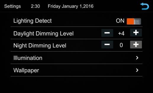 Lighting Detect: On/Off Daylight Dimming Level: 0 8 Night Dimming Level: -8 0 Illumination: