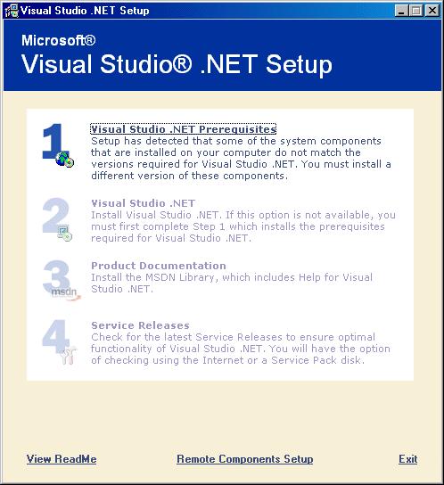 Figure 6-4 Visual Studio.NET Setup You are prompted to insert the Microsoft Visual Studio.NET Prerequisites CD.