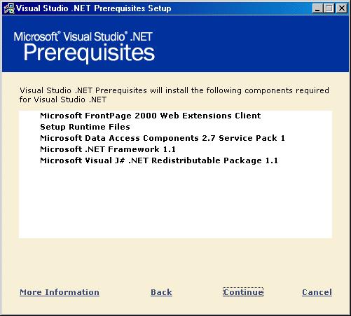 The Microsoft Visual Studio.NET Prerequisites window is displayed listing all the components to be installed.