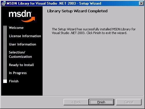 On the MSDN Library for Microsoft Visual Studio.NET finish window, select Finish. Figure 6-21 MSDN Library for Microsoft Visual Studio.
