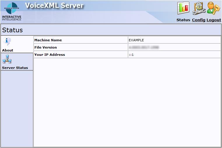 16 VoiceXML Installation and Configuration Guide Interface reference Status-About page Use the Status-About page to view information about this