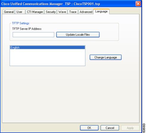 Chapter 4 Verifying the Cisco Unified CM TSP Installation Figure 4-19 Cisco Unified Communications Manager TSP Language Tab Table 4-8 contains a list of the Language tab fields and their descriptions.