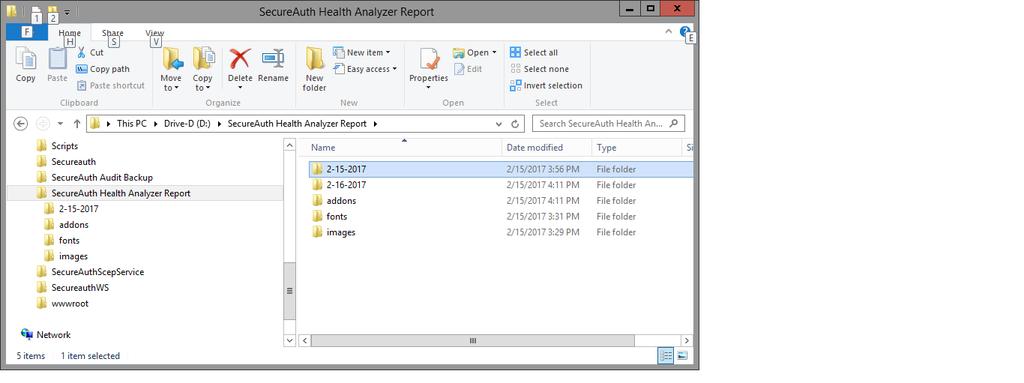 SecureAuth Health Analyzer VAM Best Practices Guide 3. Once the analysis is completed, the Analyzer deposits its findings into a special Report directory on the D: drive like Figure 6.