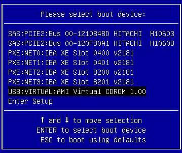 4. In the Boot Device menu, select either the external or virtual DVD device as the first (temporary) boot device, then press Enter.