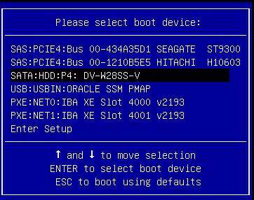 3. In the BIOS screen, press F8 to specify a temporary boot device for the Oracle Solaris OS installation. The Please Select Boot Device menu appears.