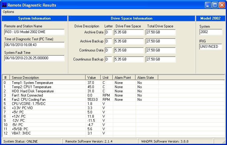 Figure 2-13 Remote Diagnostic Results o Redo Diagnostic: This selection initiates a command to the DME system to redo the Remote Diagnostic file and then opens the Remote Diagnostic Results window