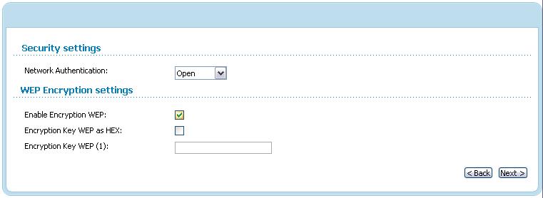 When the Open value is selected, the WEP Encryption settings section is displayed: Figure 52. The Open value is selected from the Network Authentication drop-down list.
