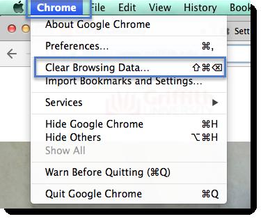 Google Chrome Using Google Chrome version 56, click on the Chrome Menu and select Clear Browsing Data or press shortcut key combination: Shift +Command+Delete When the Clear browsing data page
