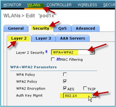 5. For the WLAN > Security tab > AAA Servers, set the following: Radio