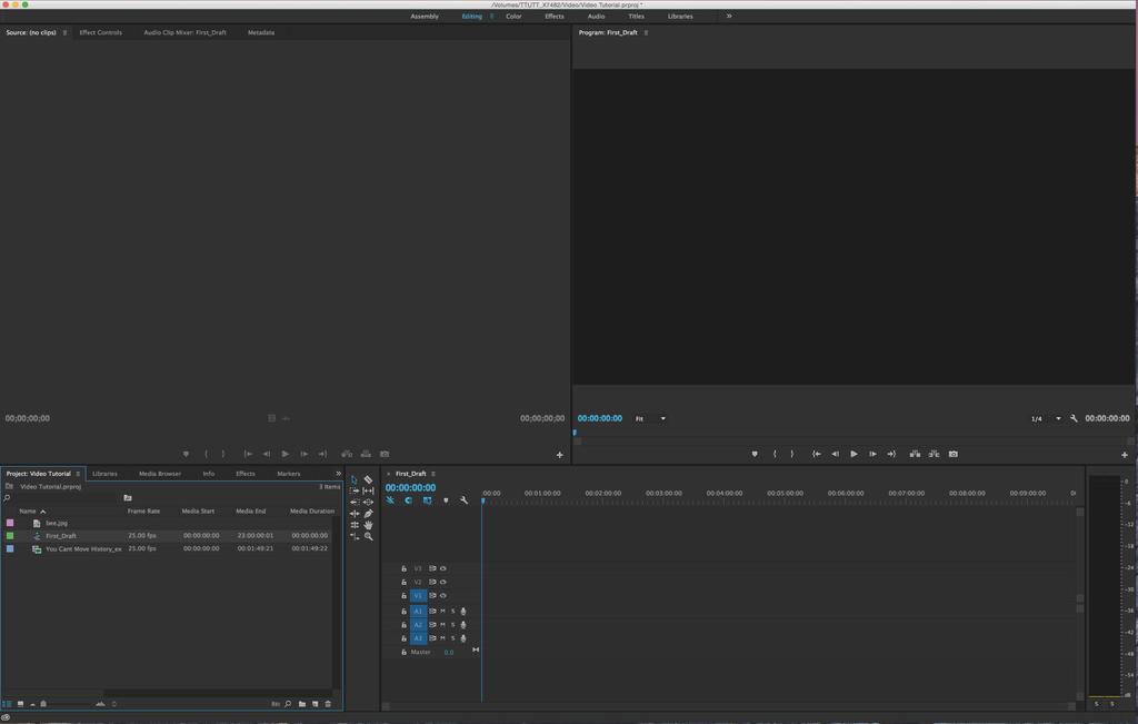 Orientation After you have opened a Premiere Pro project you will find that it is divided into 4 obvious quadrants As with all programs you have the file menu system toolbar at the top of the page.