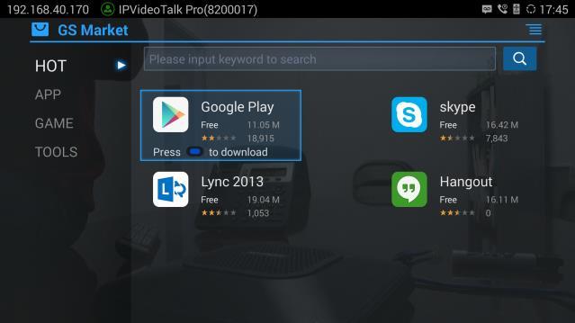 3. Select Google Play to download, and it will be installed on the GVC3200/GVC3202.