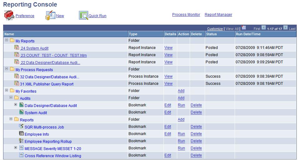 Using Reporting Console Chapter 7 Reporting Console The Reporting Console provides folders to organize and display requests and reports, as well as links to reporting tasks and functions.