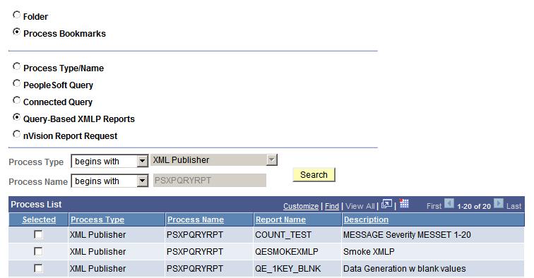 Using Reporting Console Chapter 7 3. Select the radio button for the type of report (PeopleSoft Query, Connected Query, Query-Based XMLP Reports or nvision Report Request).