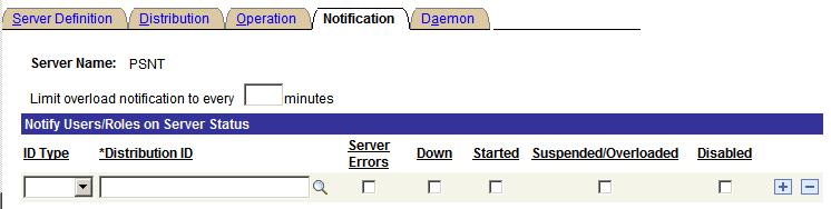 Setting Server Definitions Chapter 8 Notification page Use the Notification page to send messages to a group (role ID) or individuals (user ID) when an activity occurs with the server, such as an