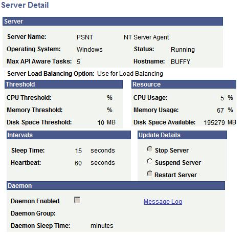 Chapter 4 Using Process Monitor Server Detail page Server Server Name Displays the name of the server on which this process runs.