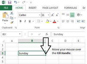 Excel Workshop Unit 1 Getting Started with Excel 2013 3. Fill Handle- Move your mouse over the Fill Handle to enter successive data like months of the year, days of the week.