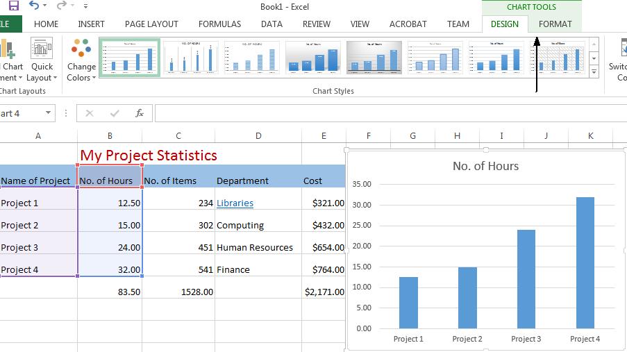 Excel 2013 Workshop Unit 3 Working with Charts in Excel 2013 3. You will see the ribbon change to Chart Tools. 4.