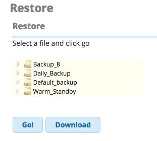 In the Restore section, you can select a server to restore the backup from, or select a backup file on your local computer.