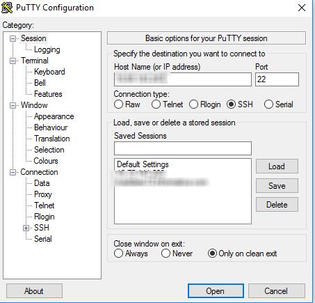 4. Start Putty on another computer and enter the IP address and port number of the virtual machine to connect to